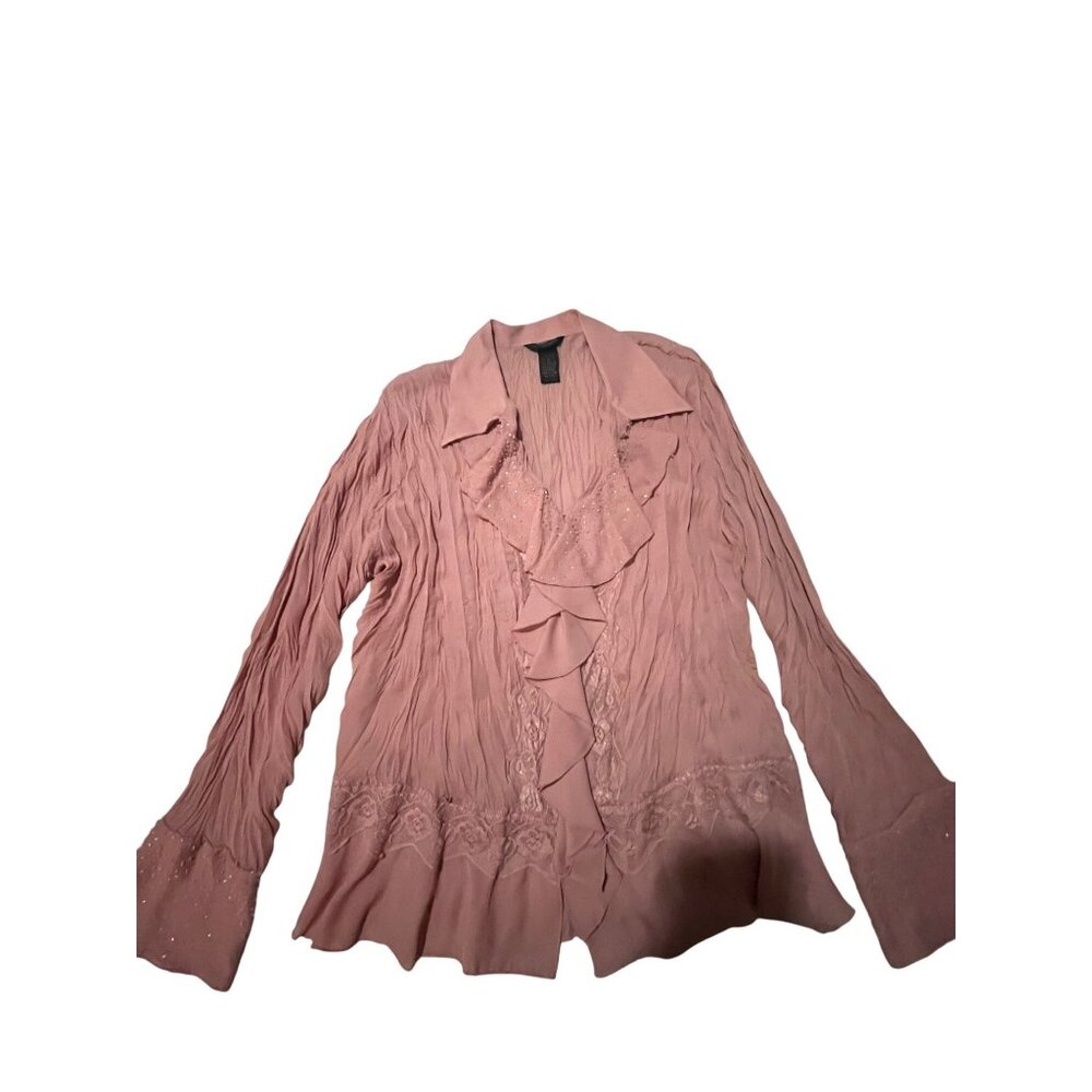 Sunny Taylor Womens Pink Long-Sleeve Blouse W/ Beaded & Lace Accents